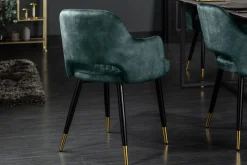 Eleganter Stuhl PARIS petrol Samt Ziersteppung Fußkappen gold Retro-Design mit Armlehnen