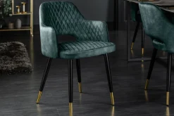 Eleganter Stuhl PARIS petrol Samt Ziersteppung Fußkappen gold Retro-Design mit Armlehnen