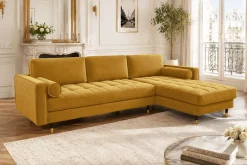 Elegantes Ecksofa COZY VELVET 260cm senfgelb Samt Federkern 3-Sitzer