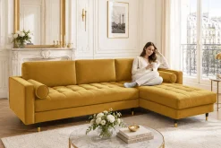 Elegantes Ecksofa COZY VELVET 260cm senfgelb Samt Federkern 3-Sitzer