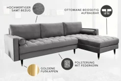 Elegantes Ecksofa COZY VELVET 260cm grau Samt Federkern 3-Sitzer