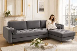 Elegantes Ecksofa COZY VELVET 260cm grau Samt Federkern 3-Sitzer