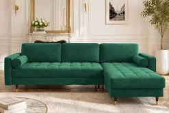 Elegantes Ecksofa COZY VELVET 260cm smaragdgrün Samt Federkern 3-Sitzer