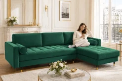 Elegantes Ecksofa COZY VELVET 260cm smaragdgrün Samt Federkern 3-Sitzer
