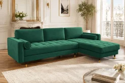 Elegantes Ecksofa COZY VELVET 260cm smaragdgrün Samt Federkern 3-Sitzer