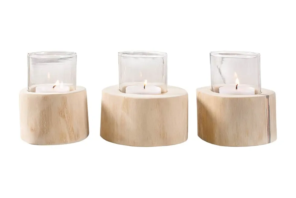 Elegantes 3er Set Windlicht LIMOTION Teakholz Outdoor Teelicht Kerzenhalter