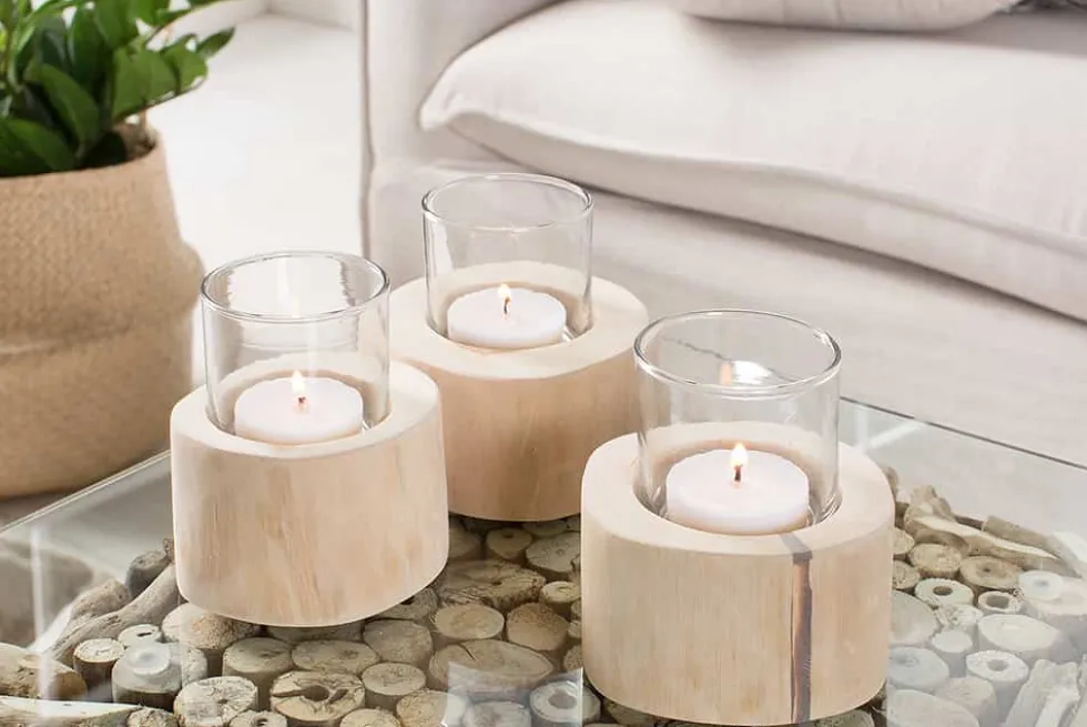 Elegantes 3er Set Windlicht LIMOTION Teakholz Outdoor Teelicht Kerzenhalter