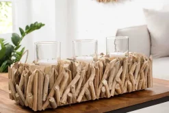 Elegantes Windlicht FOSSIL 50cm Treibholz Kerzenhalter für 3 Kerzen