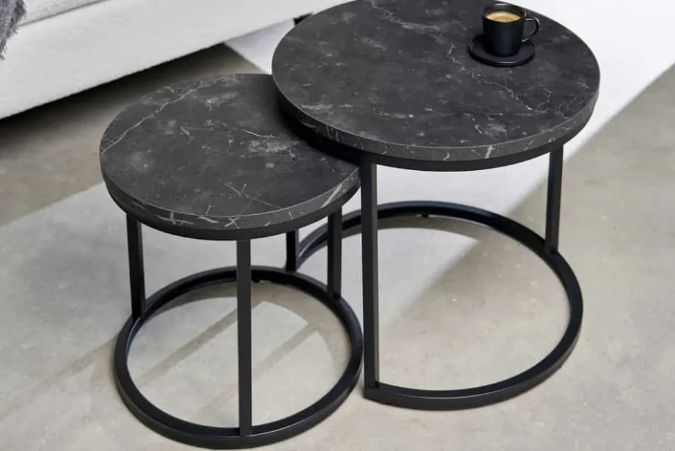 2er Set Beistelltisch ELEGANCE 45cm schwarz Marmor-Design Metallgestell rund