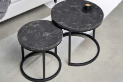 2er Set Beistelltisch ELEGANCE 45cm schwarz Marmor-Design Metallgestell rund