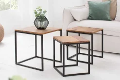 3er Set Beistelltisch ELEMENTS 40cm braun Sheesham Massivholz stone finish Metall