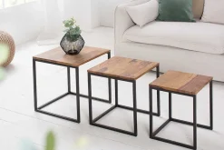 3er Set Beistelltisch ELEMENTS 40cm braun Sheesham Massivholz stone finish Metall