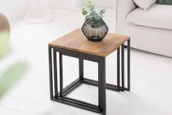 3er Set Beistelltisch ELEMENTS 40cm braun Sheesham Massivholz stone finish Metall