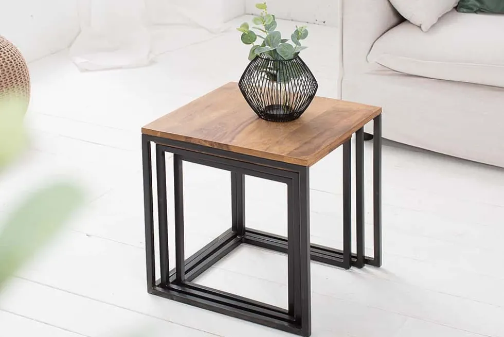 3er Set Beistelltisch ELEMENTS 40cm braun Sheesham Massivholz stone finish Metall