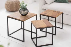 3er Set Beistelltisch ELEMENTS 40cm braun Sheesham Massivholz stone finish Metall