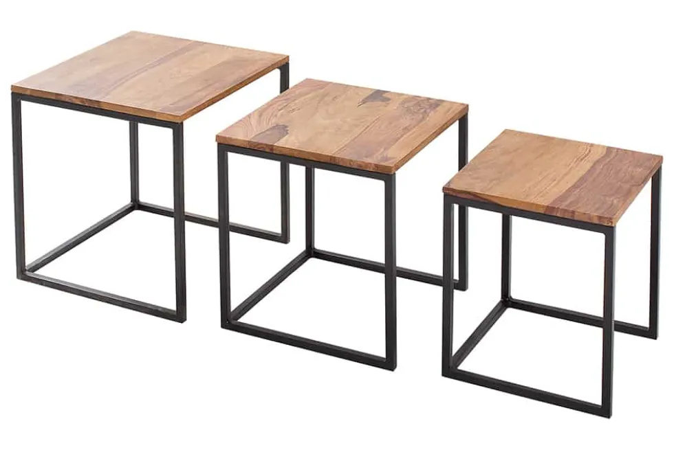3er Set Beistelltisch ELEMENTS 40cm braun Sheesham Massivholz stone finish Metall