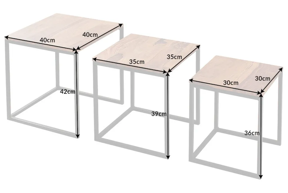 3er Set Beistelltisch ELEMENTS 40cm braun Sheesham Massivholz stone finish Metall