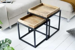 2er Set Beistelltisch SERVITEUR 50cm natur Mangoholz schwarzes Metallgestell Couchtische massiv