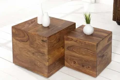 2er Set Beistelltische Würfel MAKASSAR 40cm braun Sheesham Massivholz stone finish