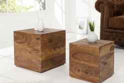 2er Set Beistelltische Würfel MAKASSAR 40cm braun Sheesham Massivholz stone finish