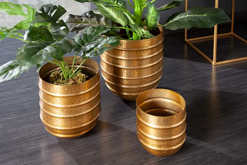 3er Set Blumentopf ORIENT 25/20/15cm Metall gold Hammerschlag Design