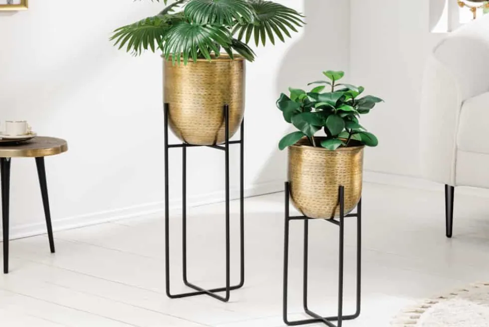 2er Set Blumentopf UNIT 70/50cm gold schwarz Metall Hammerschlag Design