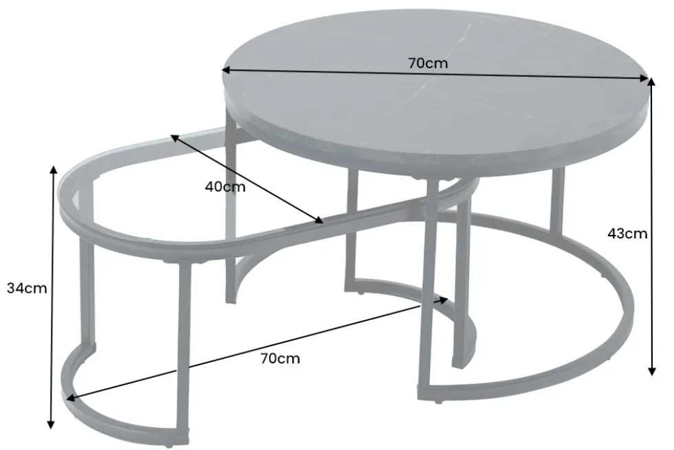 2er Set Couchtisch ELEGANCE 70cm graphit Marmor-Design Glas Metall rund oval
