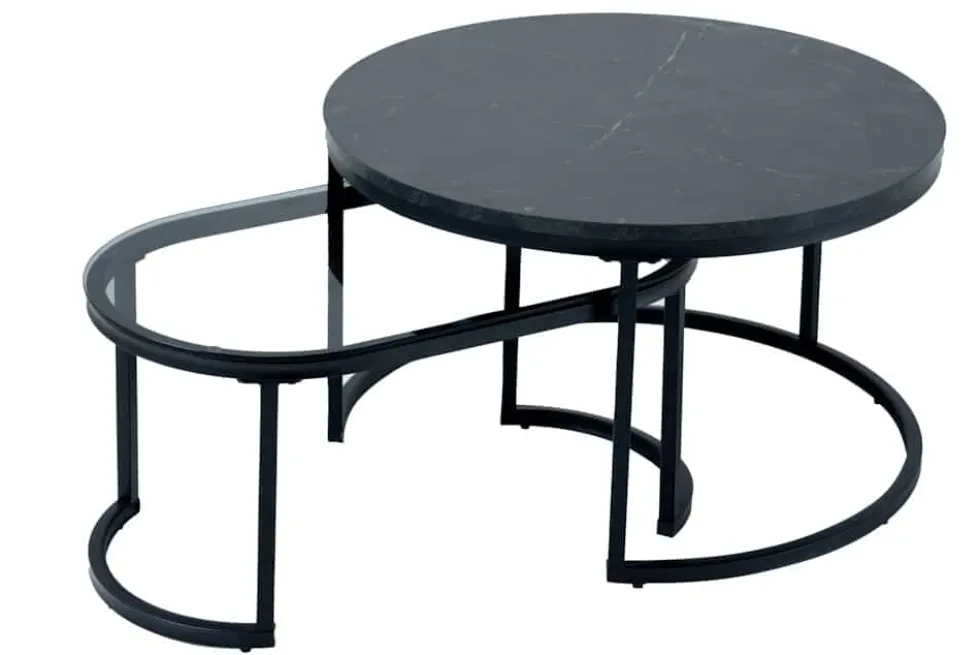 2er Set Couchtisch ELEGANCE 70cm graphit Marmor-Design Glas Metall rund oval