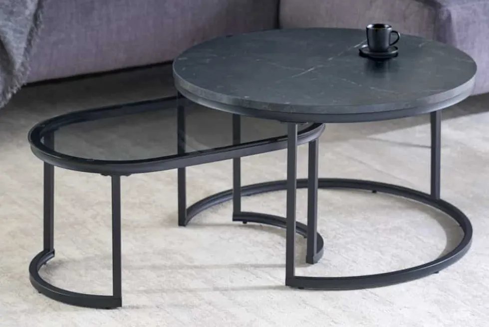 2er Set Couchtisch ELEGANCE 70cm graphit Marmor-Design Glas Metall rund oval