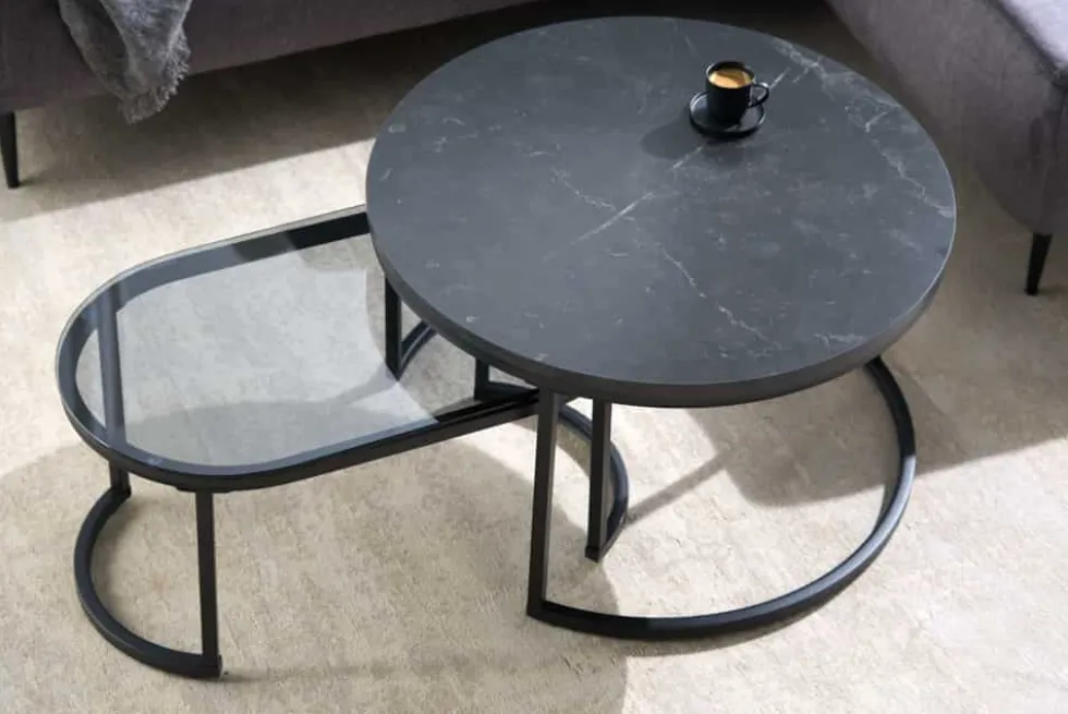 2er Set Couchtisch ELEGANCE 70cm graphit Marmor-Design Glas Metall rund oval
