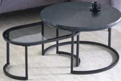 2er Set Couchtisch ELEGANCE 70cm graphit Marmor-Design Glas Metall rund oval