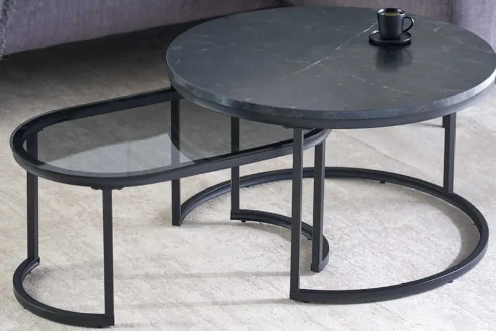 2er Set Couchtisch ELEGANCE 70cm graphit Marmor-Design Glas Metall rund oval