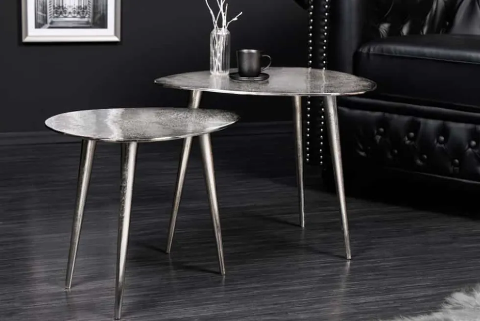2er Set Couchtisch ELEMENTS 50cm silber Metall Handarbeit