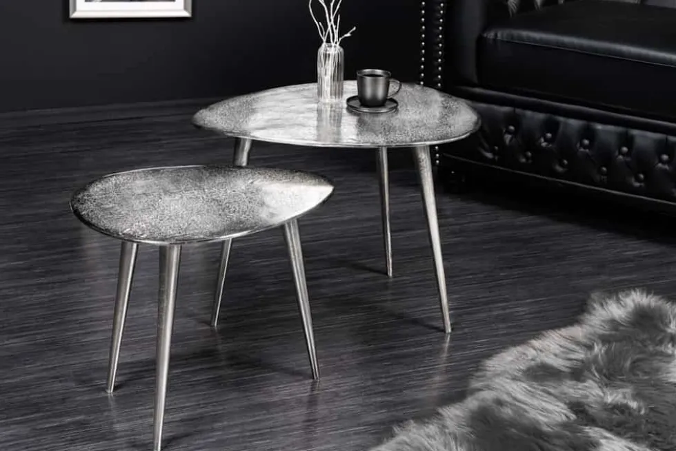 2er Set Couchtisch ELEMENTS 50cm silber Metall Handarbeit