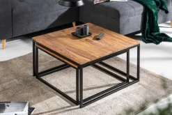 2er Set Couchtisch ELEMENTS 65cm braun Sheesham Massivholz stone finish Eisen schwarz