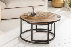 2er Set Couchtisch VIENNA LOUNGE 70cm rund Mangoholz massiv Wiener Geflecht Metall schwarz
