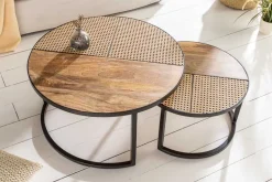 2er Set Couchtisch VIENNA LOUNGE 70cm rund Mangoholz massiv Wiener Geflecht Metall schwarz