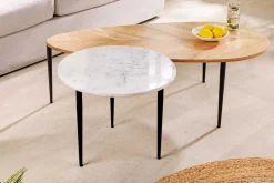 2er Set Couchtische ADLON 110cm natur weiß Akazienholz Marmor schwarz Metall