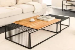 2er Set Couchtische ARCHITECTURE 90cm natur Akazienholz schwarz Steinfurnier Metall