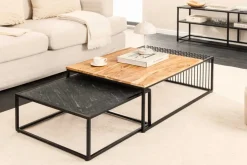 2er Set Couchtische ARCHITECTURE 90cm natur Akazienholz schwarz Steinfurnier Metall