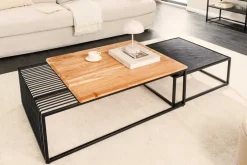 2er Set Couchtische ARCHITECTURE 90cm natur Akazienholz schwarz Steinfurnier Metall