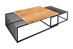 2er Set Couchtische ARCHITECTURE 90cm natur Akazienholz schwarz Steinfurnier Metall