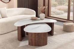 2er Set Couchtische OSAKA 120cm weiß Marmor Keramik Walnuss