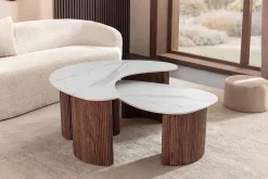 2er Set Couchtische OSAKA 120cm weiß Marmor Keramik Walnuss
