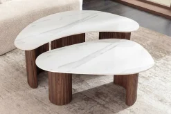 2er Set Couchtische OSAKA 120cm weiß Marmor Keramik Walnuss