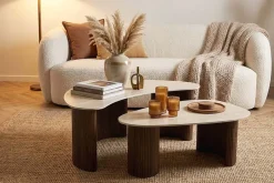 2er Set Couchtische OSAKA 120cm champagner greige Travertin Keramik Walnuss