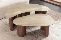 2er Set Couchtische OSAKA 120cm champagner greige Travertin Keramik Walnuss