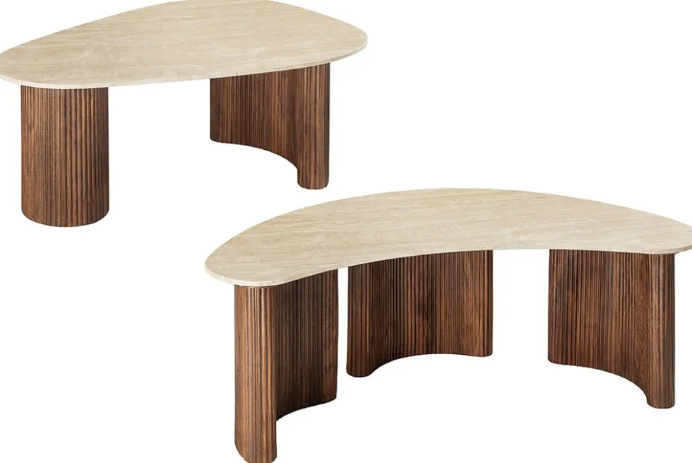 2er Set Couchtische OSAKA 120cm champagner greige Travertin Keramik Walnuss