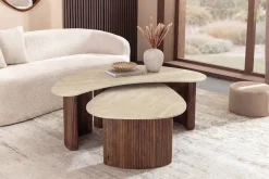 2er Set Couchtische OSAKA 120cm champagner greige Travertin Keramik Walnuss
