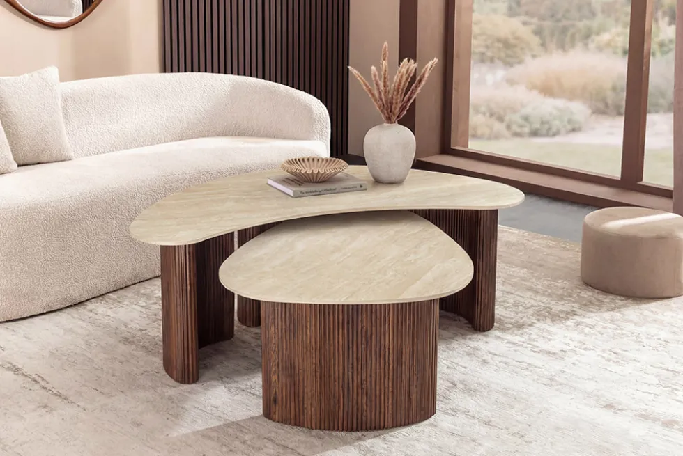 2er Set Couchtische OSAKA 120cm champagner greige Travertin Keramik Walnuss